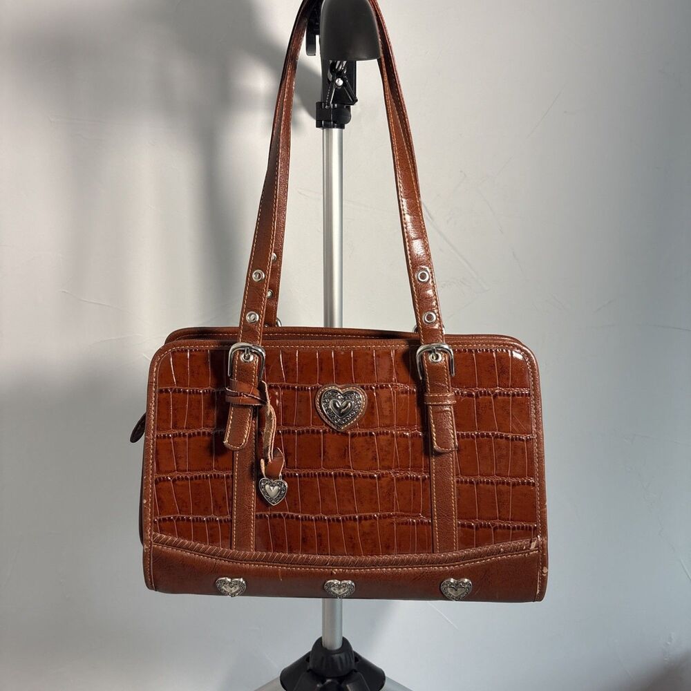 Vintage Y2K Brown Croc Embossed Shoulder Bag Western Heart Charms Top Handle